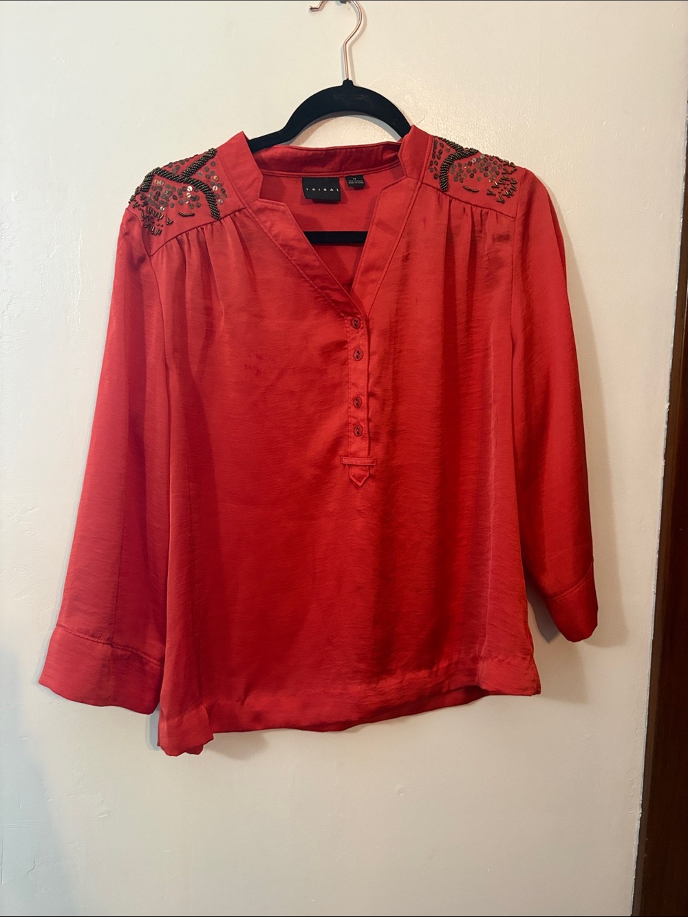 Tribal Red Beaded Shoulder V-Neck Blouse
